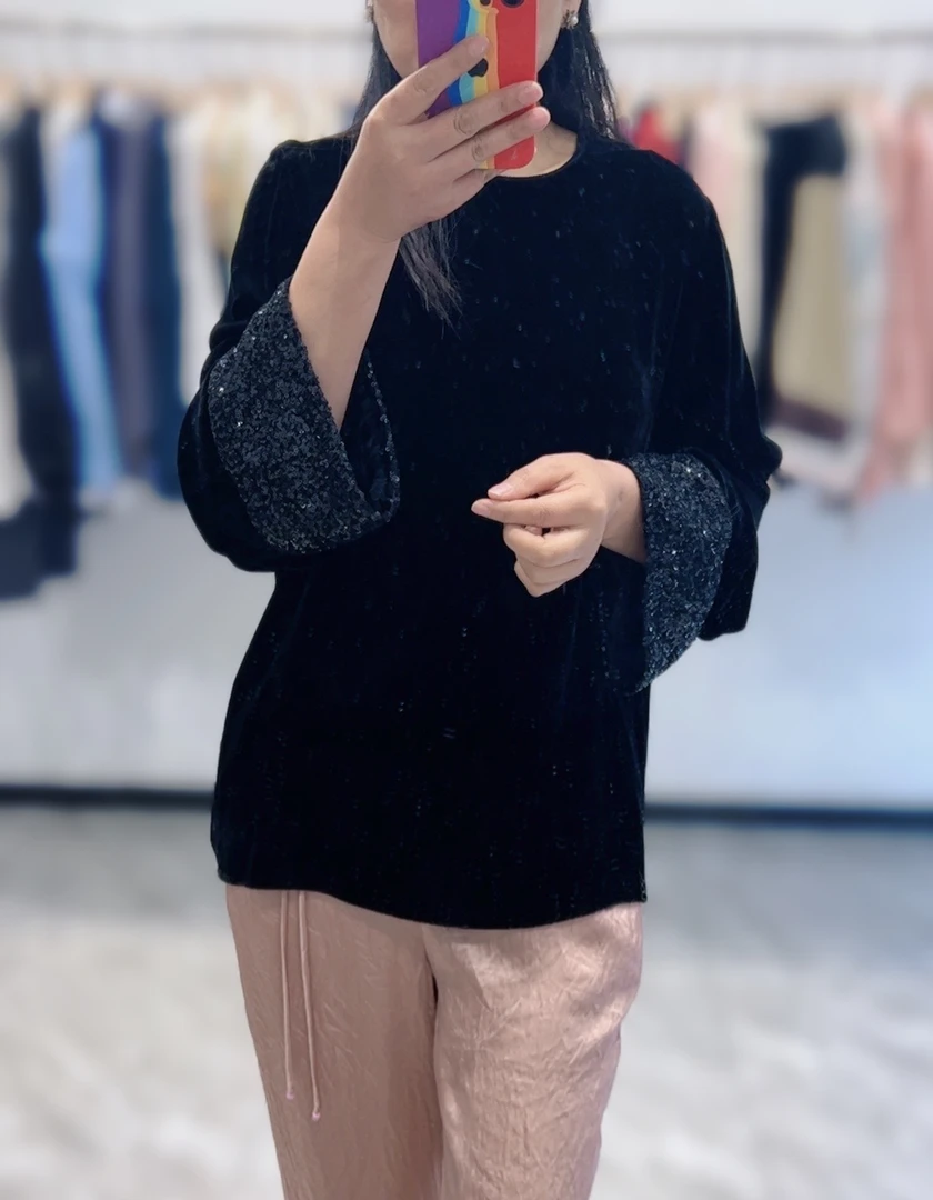 《Kin.轻奢服饰》欧货桑蚕丝丝绒复古宽松长袖拼接亮片气质衬衫