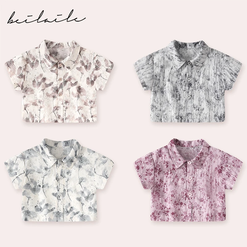 【国风短袖衬衫 小乐妈咪】女衬衣2024春装新款男童衬衫外套儿童