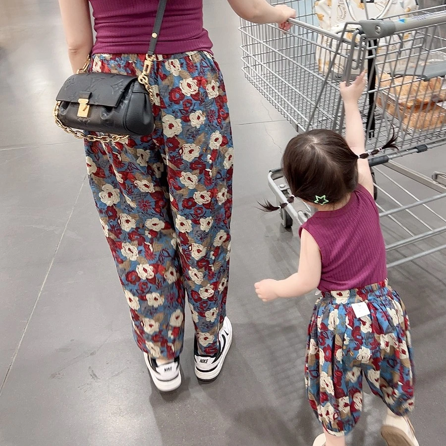 大人碎花裤春夏秋妈妈裤子薄款宽松显瘦亲子装女裤直筒长裤