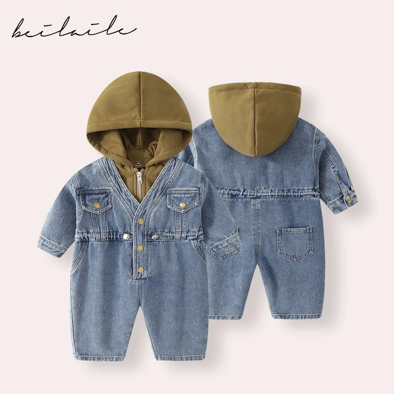 婴儿衣服牛仔连体衣女宝宝洋气简约爬服秋冬满月新生儿