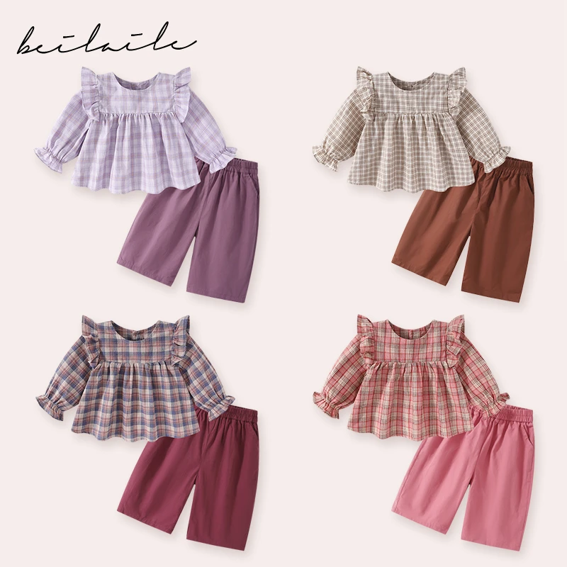 【色织棉彩格飞袖复古套装 小乐妈咪】婴儿套装儿童复古两件套H2