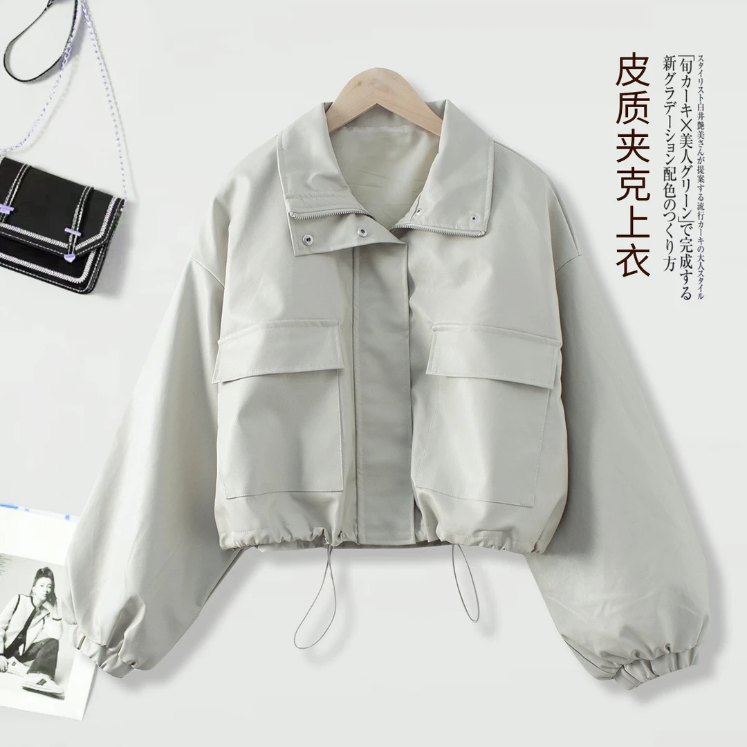 女士外套春夏款仿皮革翻领夹克上衣CC82时尚舒适宽松