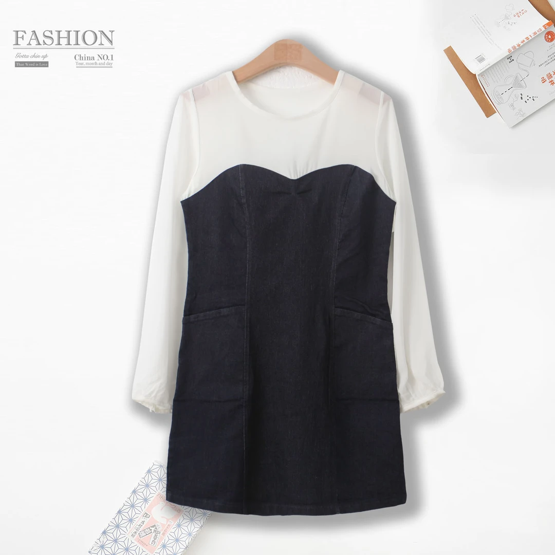 现货！秋季新款女士拼接长袖连衣裙后开叉时尚显瘦AA968优雅简约风