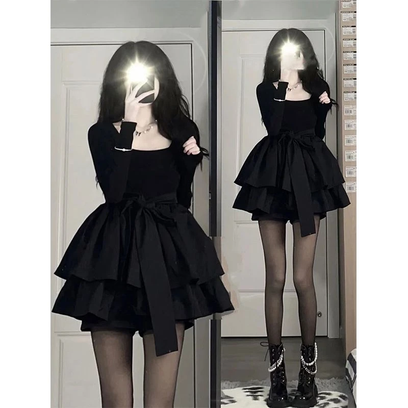 2025胖黑色蓬蓬连衣裙女秋季新款收腰显瘦绑带蝴蝶结长袖蛋糕短裙