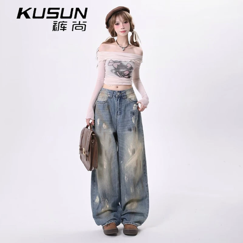 裤尚涂鸦复古牛仔裤女设计感梨形身材宽松百搭显瘦直筒阔腿裤子