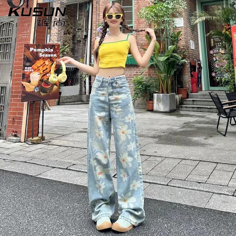 裤尚美式复古印花阔腿牛仔裤女小众设计感夏季薄款直筒显瘦拖地裤