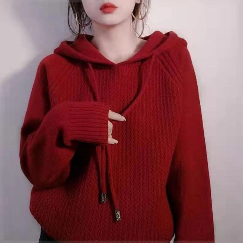 酒红色圣诞新年连帽毛衣女宽松秋冬加厚慵懒风套头带帽卫衣针织衫