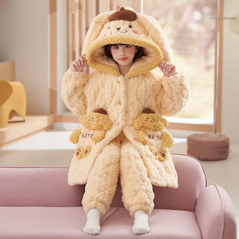 女孩儿童三层夹棉睡袍2024新款冬季女童珊瑚绒睡衣加绒加厚家居服