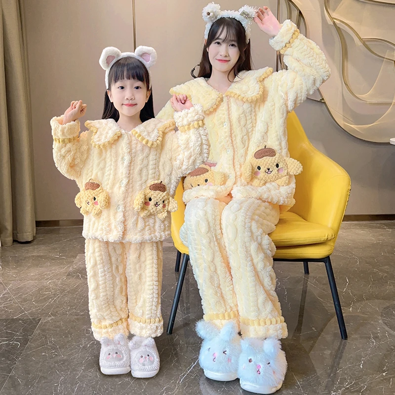 加绒加厚女童珊瑚绒睡衣儿童宝宝冬款2024新款家居服亲子母女套装