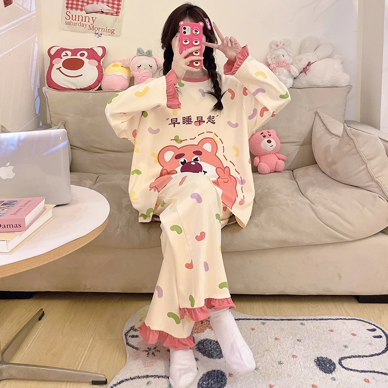 草莓熊女童睡衣春秋季长袖纯棉2024新款大童初中生女孩儿童家居服