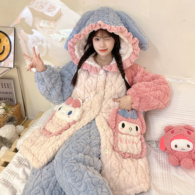 三层夹棉睡袍2024新款冬季珊瑚绒睡衣加厚女孩初中生玉桂狗家居服