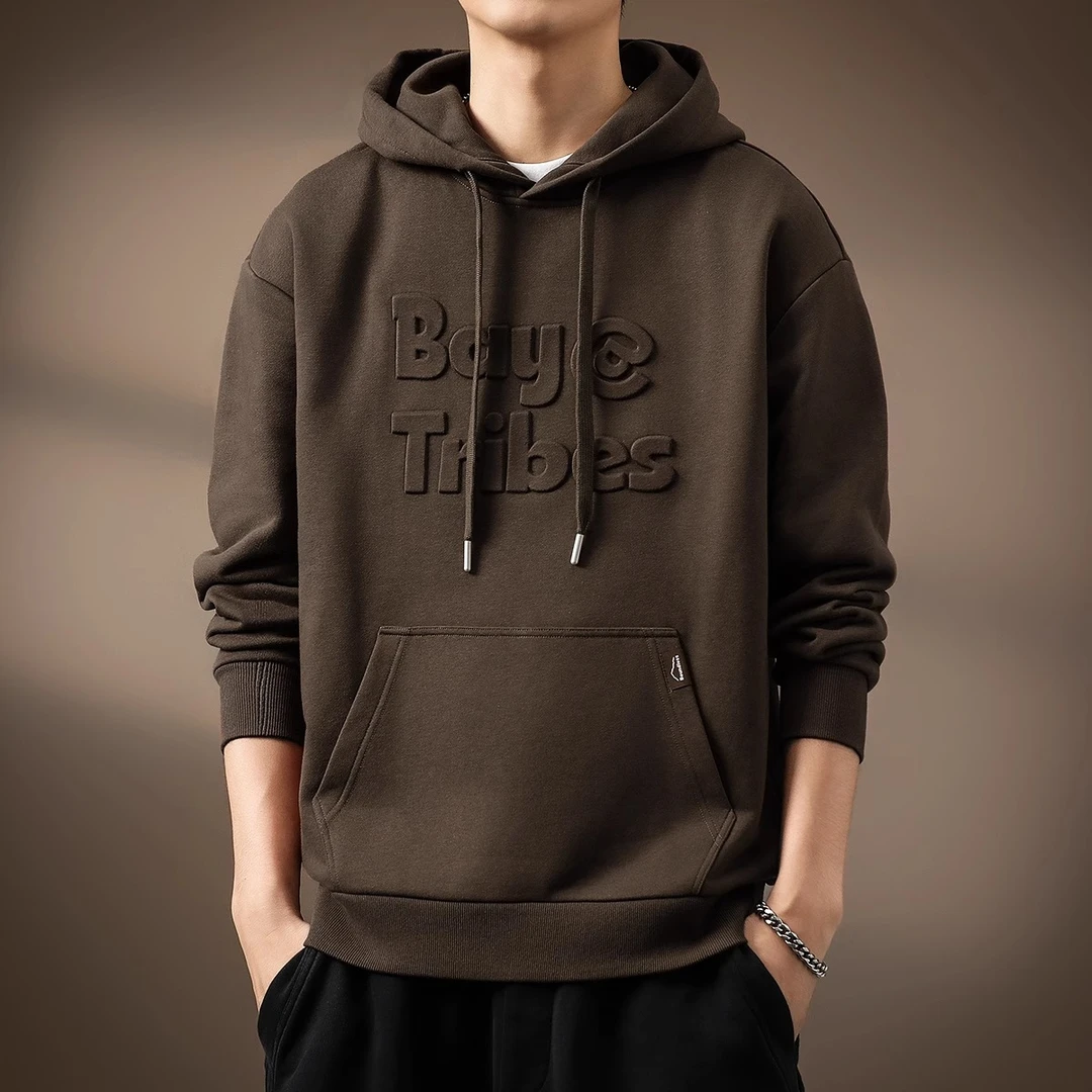 高端美式重磅字母钢印卫衣男宽松大码秋冬加绒休闲连帽上衣外套男