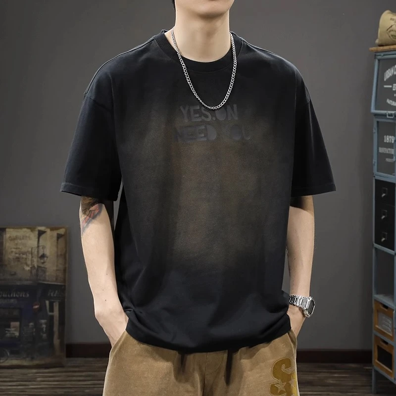 2024新款美式复古水洗短袖t恤男宽松圆领半袖夏季纯棉休闲体恤潮T