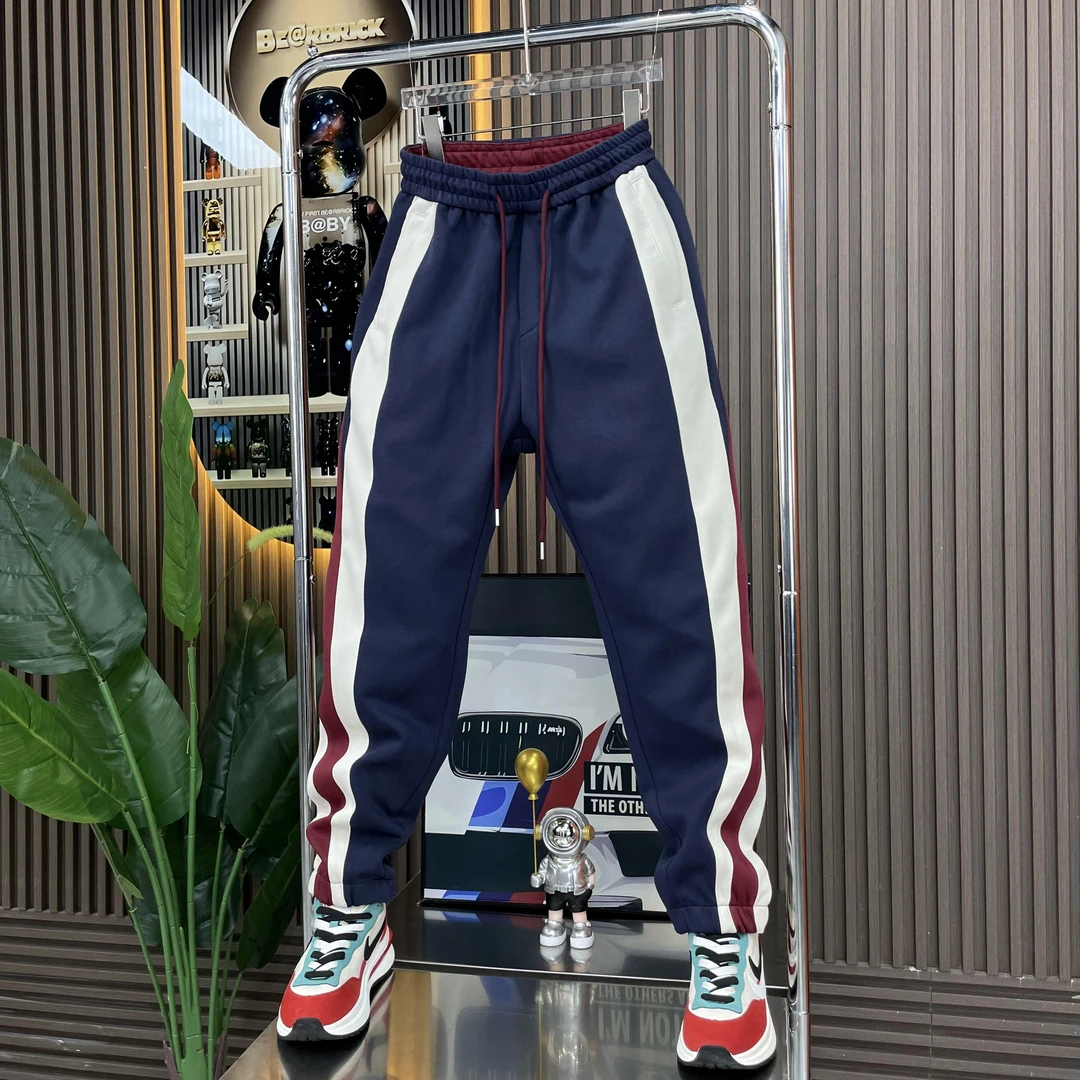 【轻奢】2025春夏款加厚男士休闲裤拼接束脚裤修身百搭系带条纹潮流