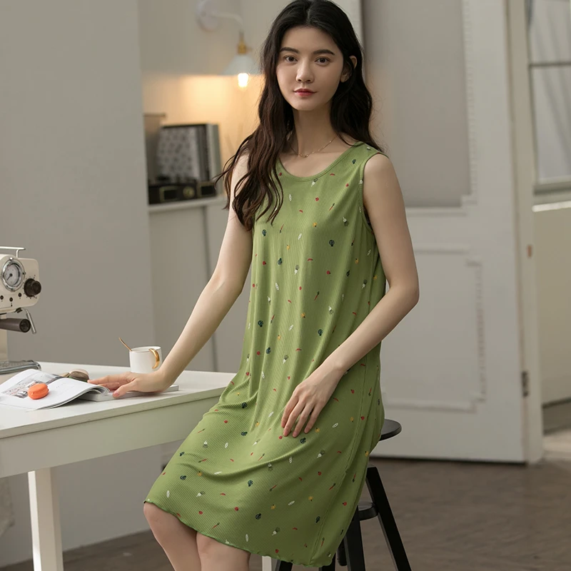 莫代尔无袖背心裙子夏季睡裙女宽松中长款睡衣夏天休闲简约家居服