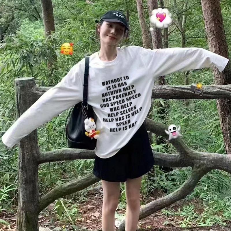 【平替好物】白色字母韩版宽松圆领长袖T恤男女大码长袖-多款休闲