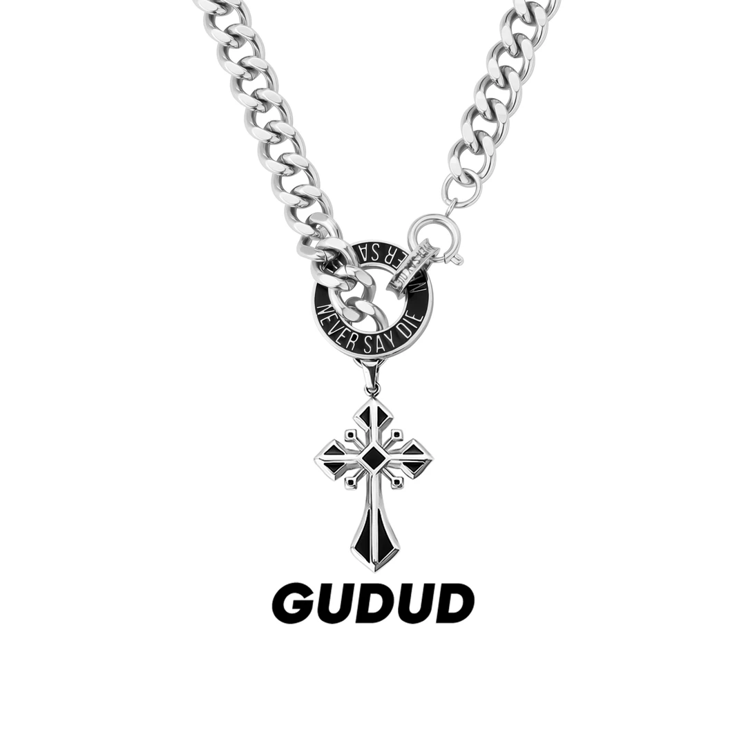 钛钢项链 美式古巴十字架项链男生潮高级感长款百搭毛衣链送男友