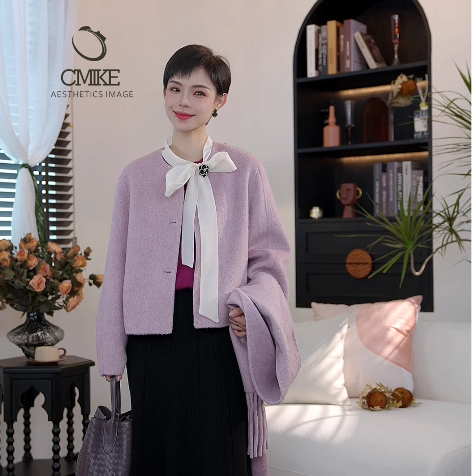 【橙蜜客】小香风短款大衣 流苏围巾全羊毛外套2454W000925