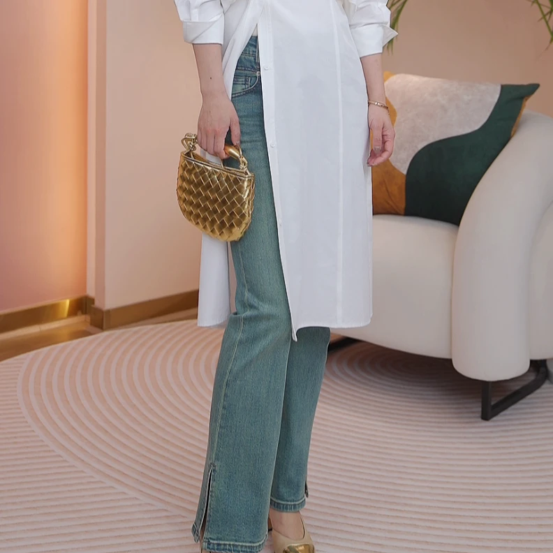 【橙蜜客】翡翠绿牛仔裤 时尚百搭显瘦修身蓝色微喇裤 2451K000203