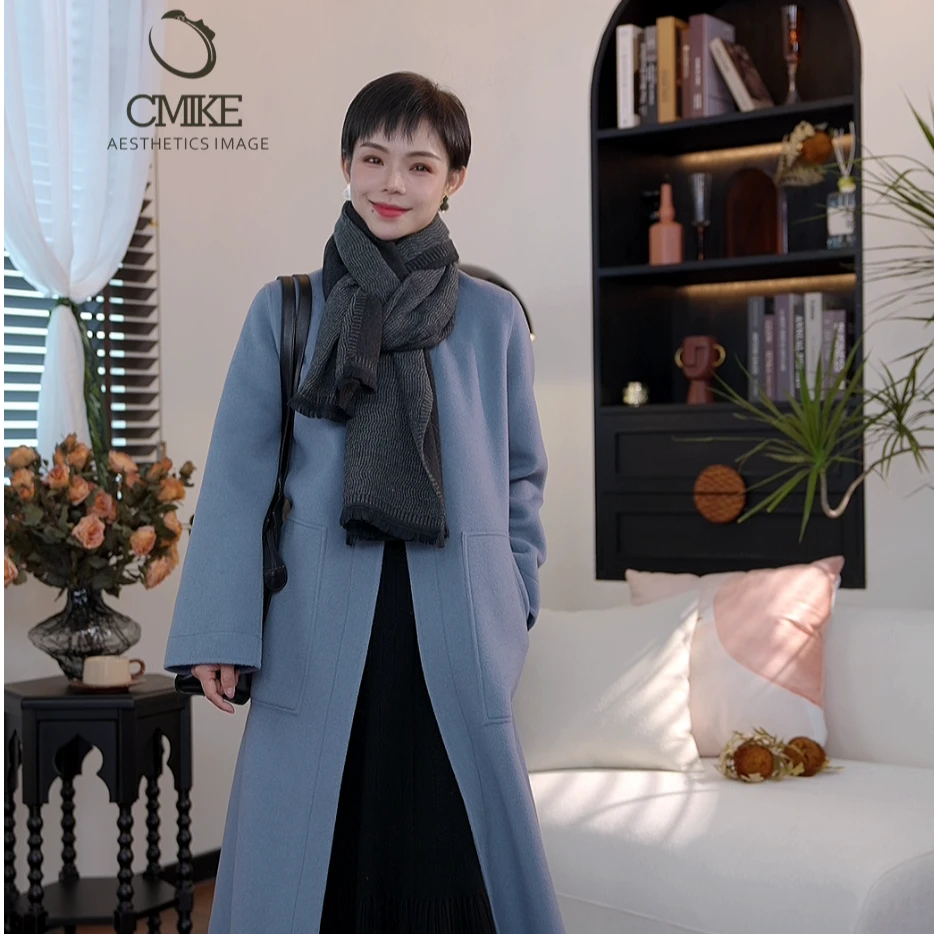 【橙蜜客】温柔细腻简约大衣 时尚V领系带长款羊毛外套2454W000775