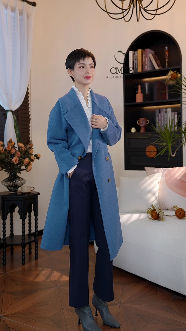 【橙蜜客】双排扣宽松毛呢大衣 时尚气质大翻领长款外套2454W000782