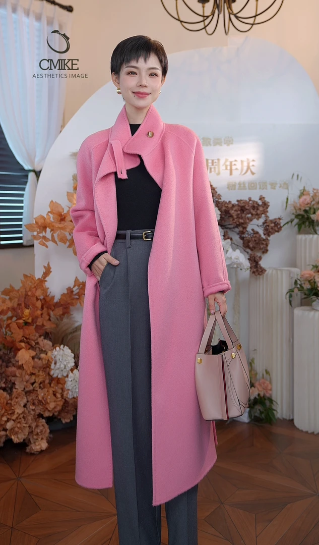 【橙蜜客】时尚轻职风高端立领双面羊毛长款大衣 2454D000950