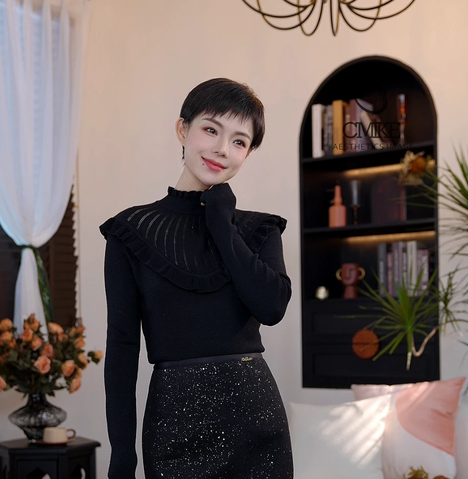 【橙蜜客】法式端庄半高领针织衫 时尚洋气镂空套头毛衣2454M000860