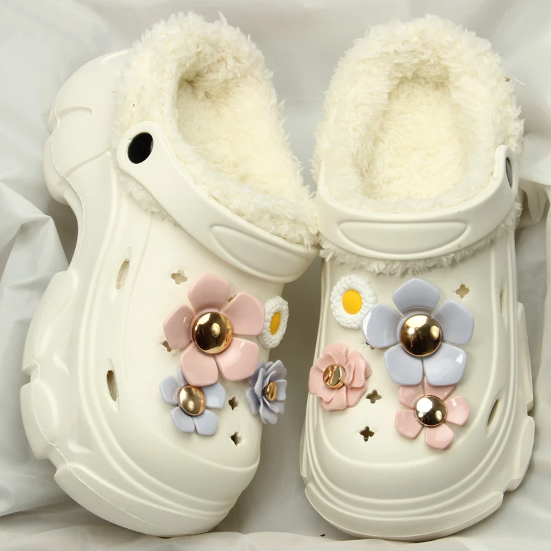 棉拖鞋女士厚底加绒秋冬季可外穿卡通立体花朵外穿保暖洞洞棉鞋潮