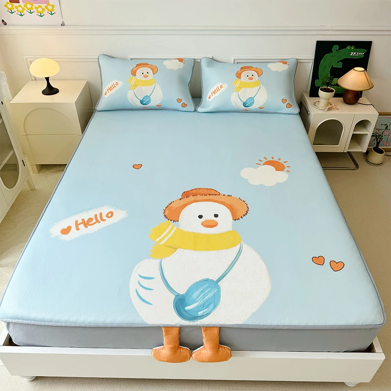 新款大版卡通小脚脚冰丝凉席床笠款儿童全包凉感家用软席