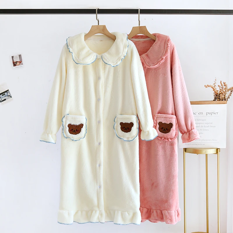 （蛋糕小熊）秋冬季法兰绒睡袍加绒加厚睡裙可爱长袖保暖学生睡衣