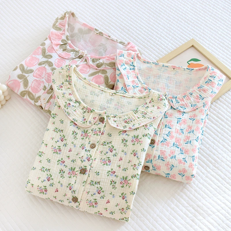 （田园碎花）泡泡棉纱长袖睡裙春秋纯棉纱布宽松薄款全棉四季睡袍