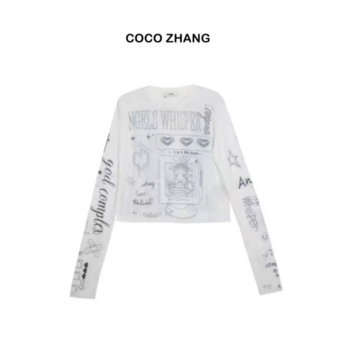 COCO ZHANG ABBY 百搭个性复古涂鸦印长袖T恤 8950 Hi Fortune