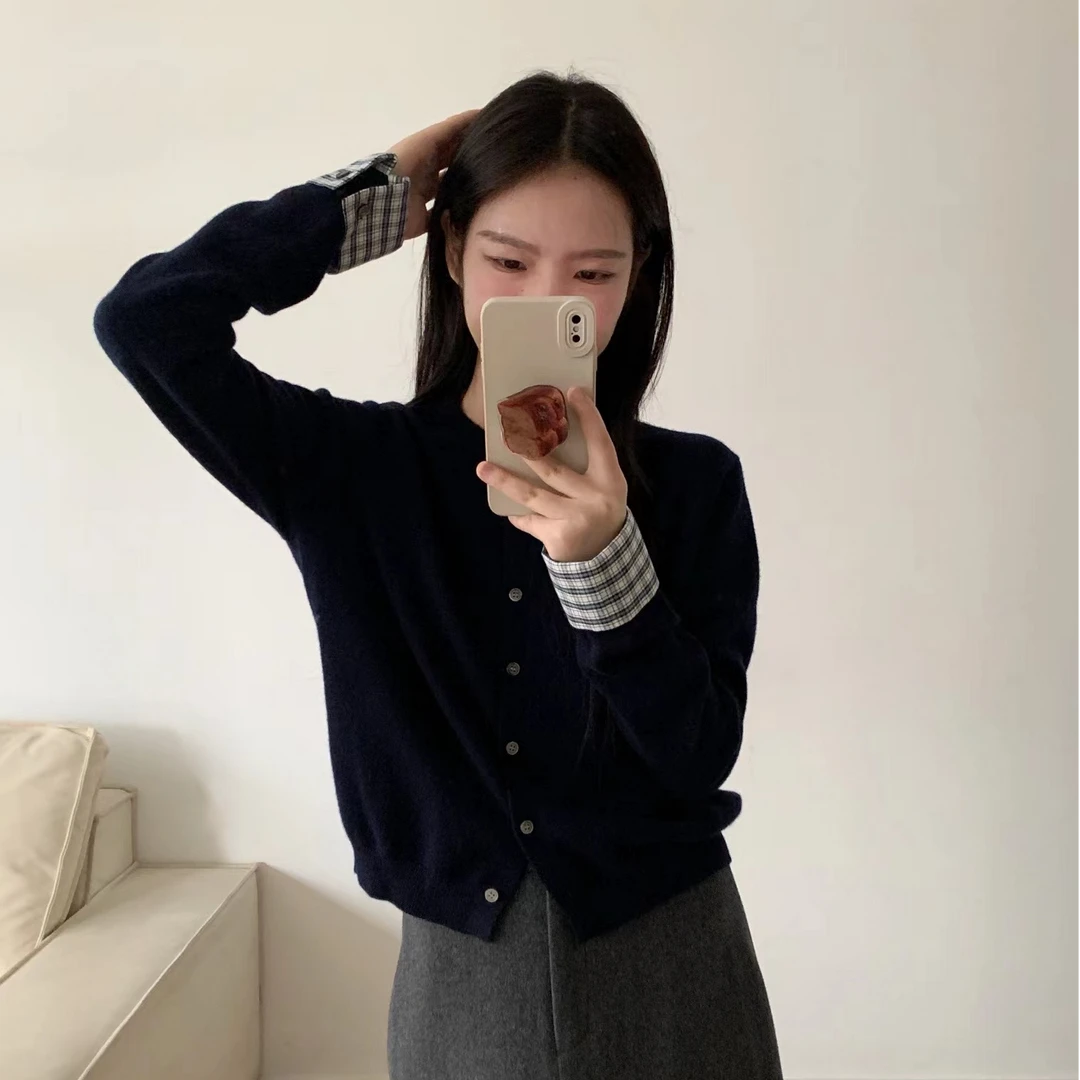 ZHANG&M1 韩系复古格纹袖口针织开衫 881398