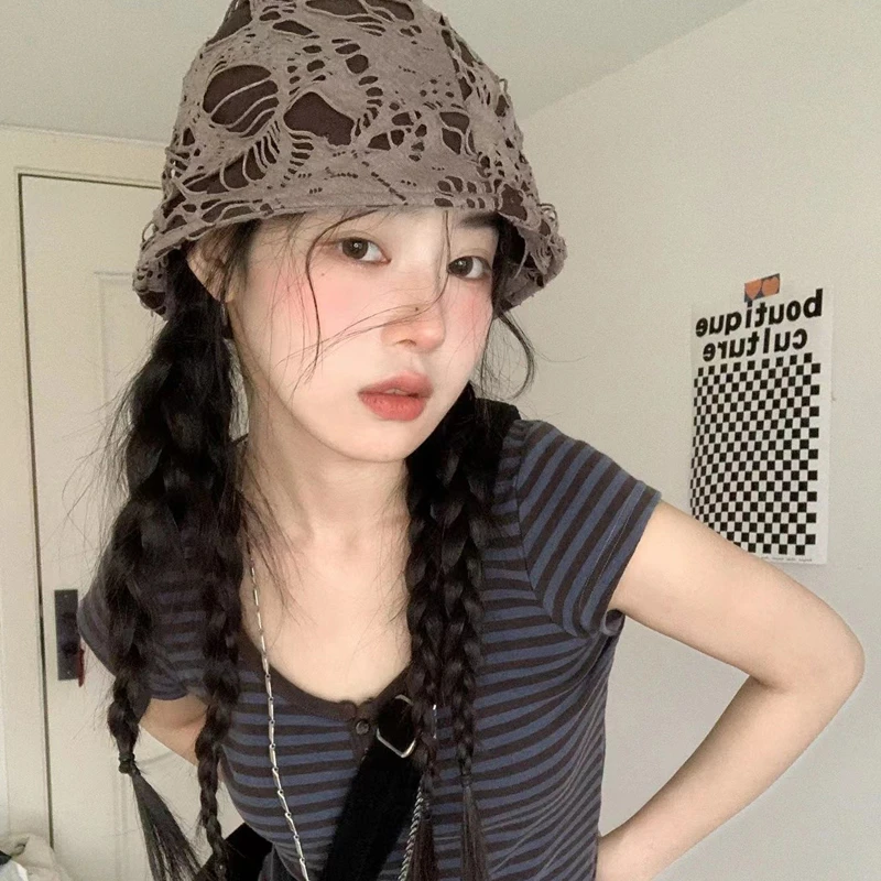网红街头破洞个性渔夫帽子女韩版时尚做旧乞丐帽遮阳防晒水桶帽潮