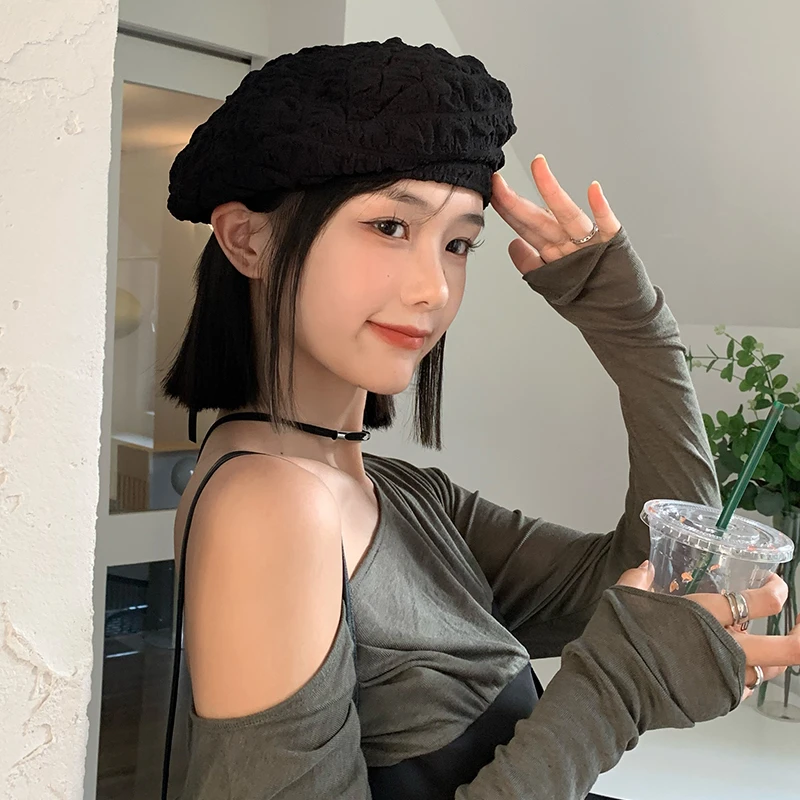 泡泡纱贝雷帽女春夏季韩版百搭显脸小蓓蕾画家帽日系网红黑色时尚
