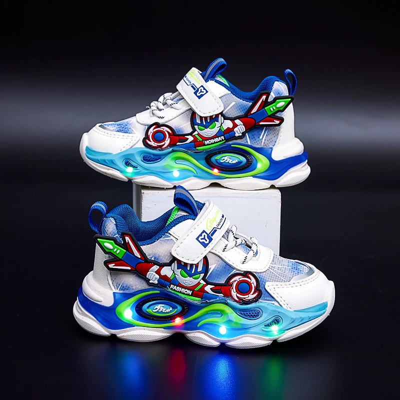 儿童奥特曼亮灯鞋子春秋新款男童皮面运动鞋软底防滑中小童跑步鞋