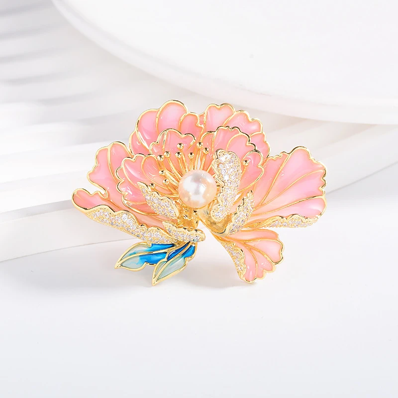 铜合金胸针 中国风高档优雅流彩牡丹花朵微镶锆石大气外套胸针花