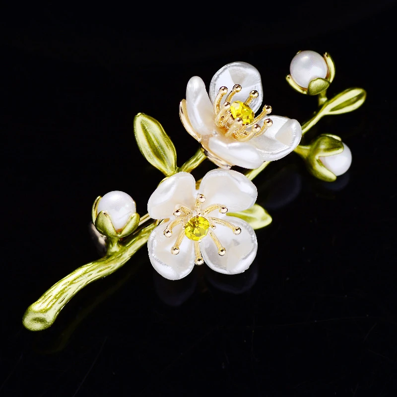 铜合金胸针 A036《茉莉花》日韩风植物系花枝胸针森系白色花朵胸花