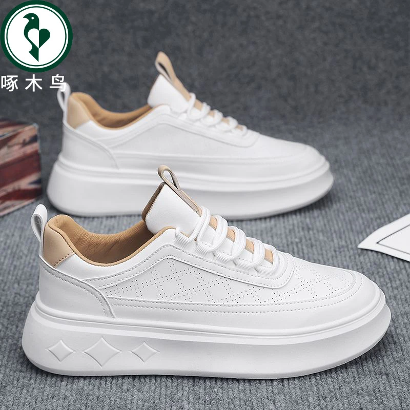 【正品】啄木鸟新款秋季休闲板鞋男士白鞋厚底百搭运动潮鞋学生低帮
