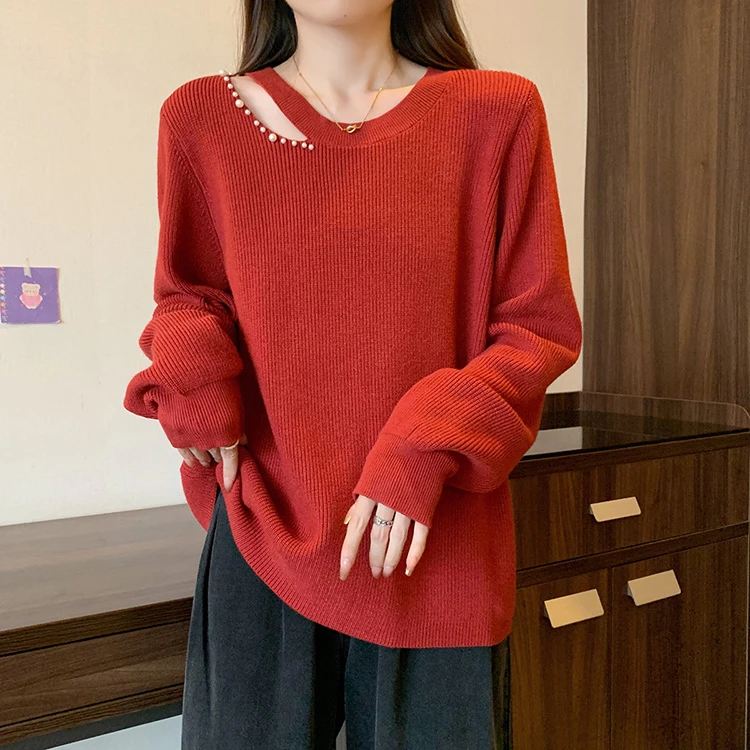 针织衫镂空钉珠打底上衣女冬洋气大码宽松慵懒风显瘦加厚长袖毛衣