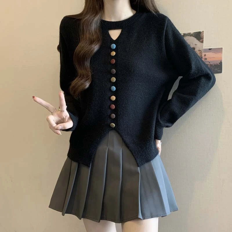 秋冬单排彩虹扣针织衫镂空打底上衣女大码气质宽松显瘦小香风毛衣