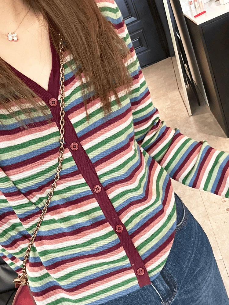 秋冬针织开衫V领上衣女大码宽松复古显瘦彩色条纹小外套长袖毛衣