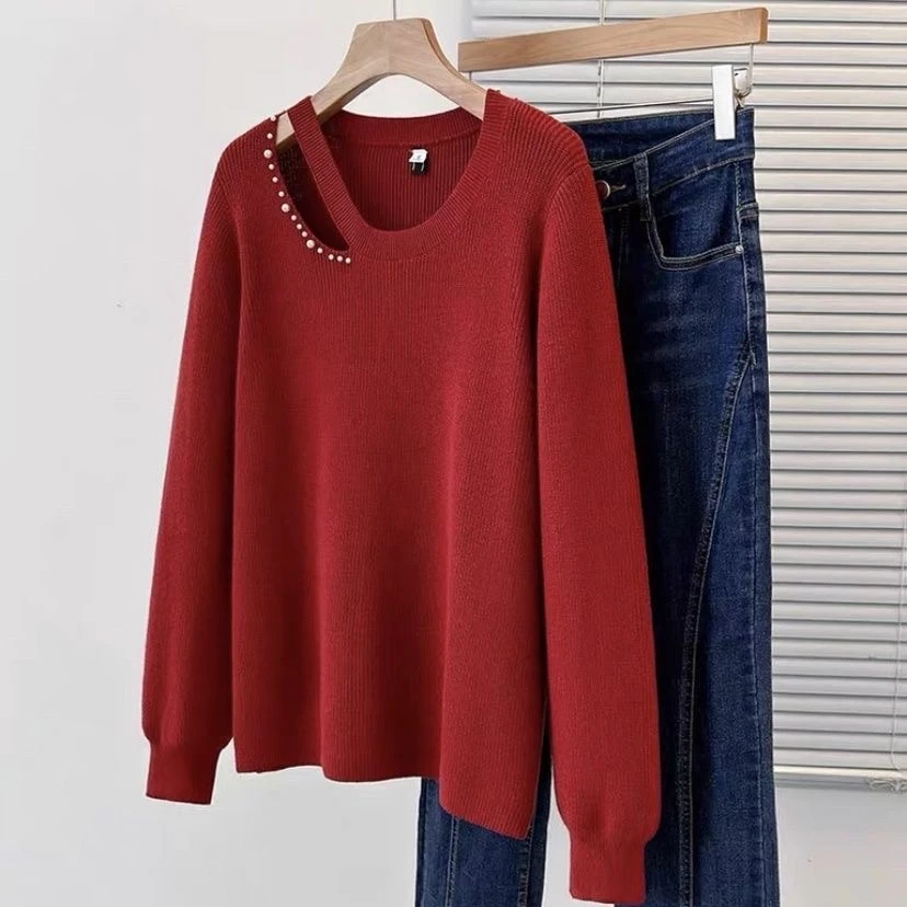 秋冬慵懒风针织衫设计感镂空钉珠上衣女大码宽松显瘦打底长袖毛衣