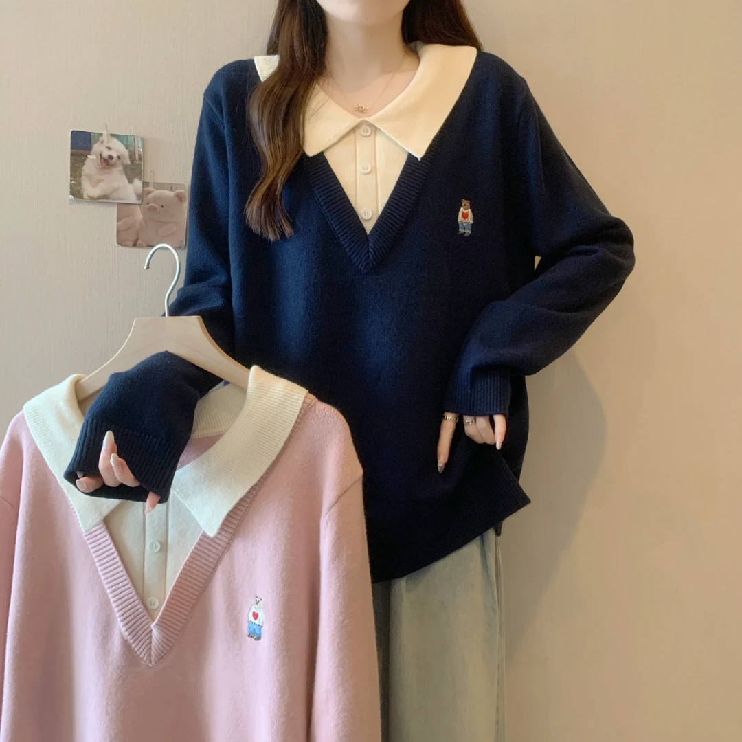 秋冬假两件打底衫针织上衣女大码宽松胖mm慵懒学院风显瘦polo毛衣