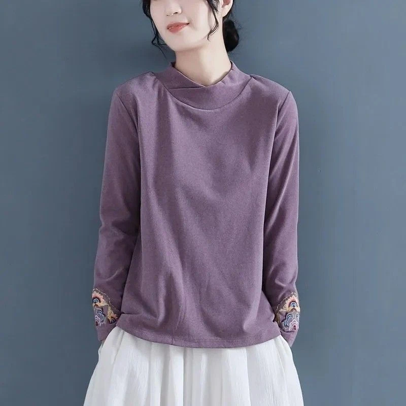 秋冬打底衫双面德绒复古文艺刺绣半高领长袖宽松T恤百搭上衣女B4