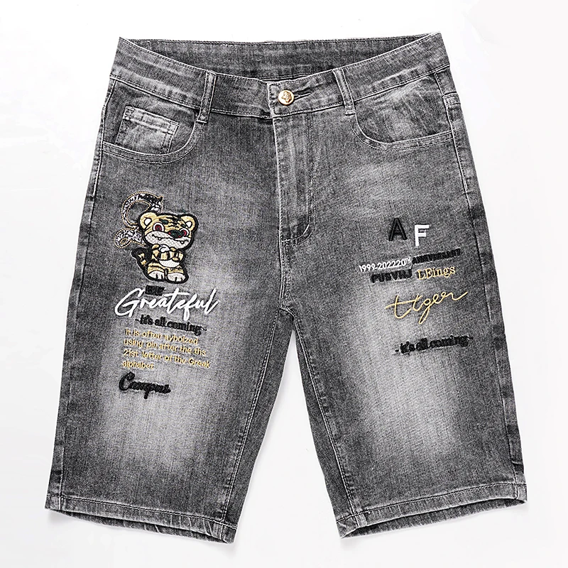 2025新款潮牌夏季薄款弹力牛仔短裤男刺绣五分裤直筒宽松潮流中裤