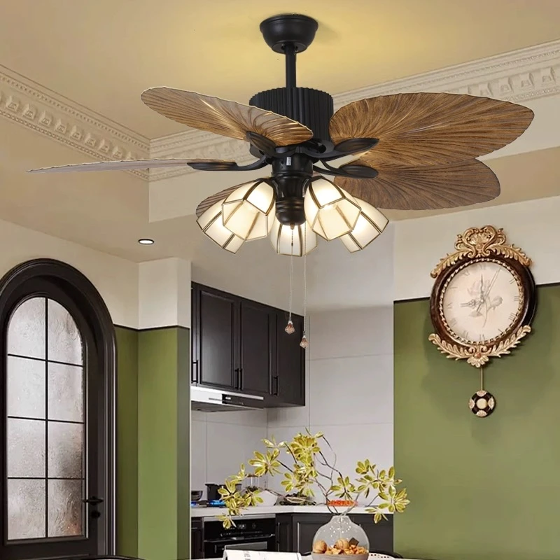 东南亚复古吊扇灯美式餐厅客厅别墅变频风扇灯静音芭蕉叶电风扇灯