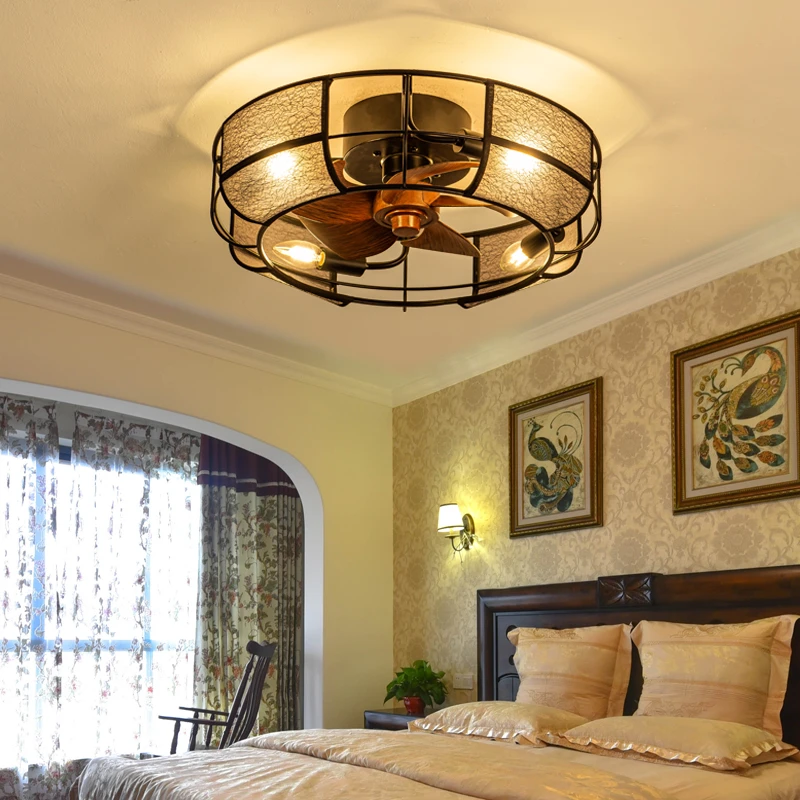 美式复古风扇灯餐厅卧室酒吧客厅风扇灯一体灯头式变频超薄吊扇灯