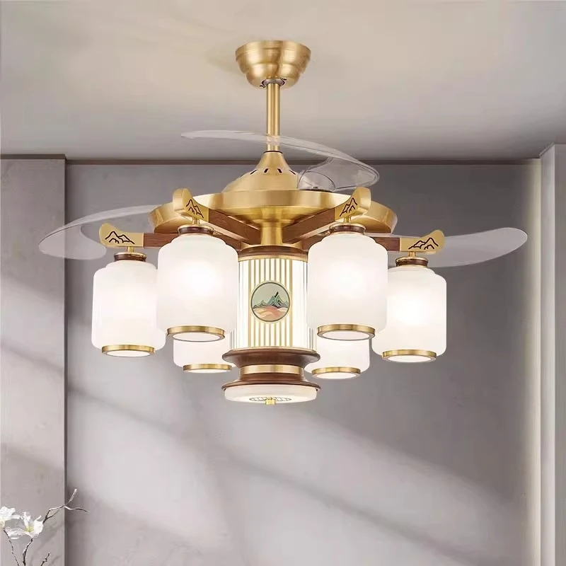 新中式风扇吊灯黑胡桃木全铜客厅灯中国风禅意家用卧室餐厅实木灯