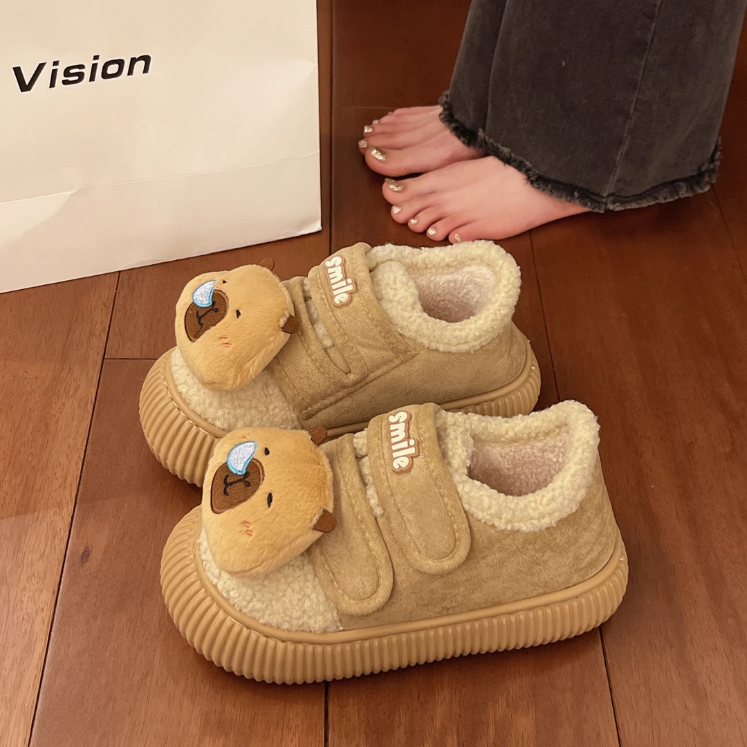 呆萌可爱卡皮巴拉棉鞋女冬季小个子增高毛毛鞋设计感魔术贴休闲鞋